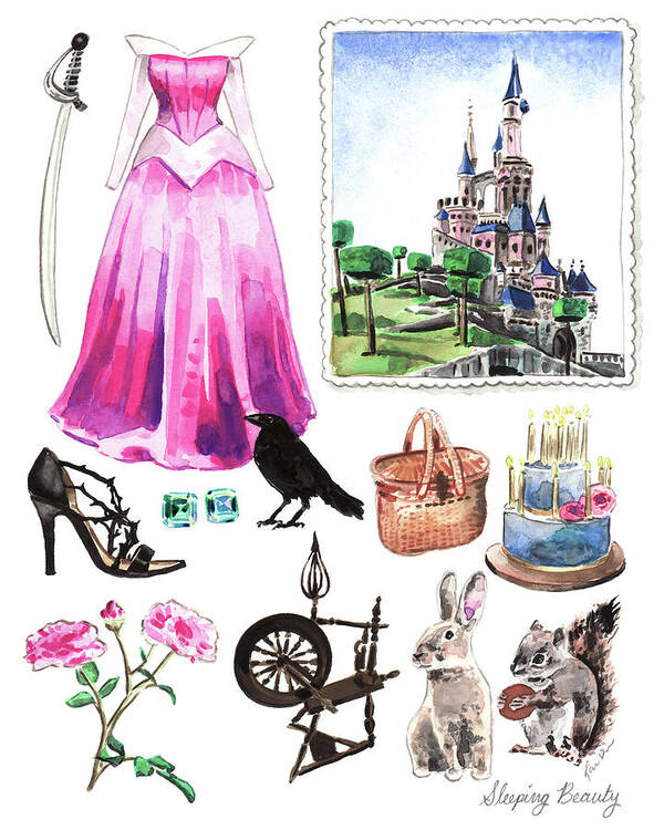 Sleeping Beauty Poster featuring the painting Sleeping Beauty Aurora Costume Watercolor Disney Princess Castle Dress Classic Disney World by Laura Row