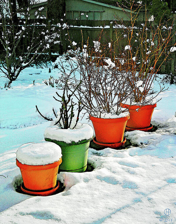 Winter Poster featuring the digital art Snowy Pots by Gary Olsen-Hasek