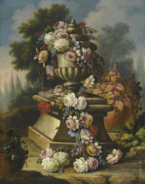 Giacomo Nani Poster featuring the painting Still life with a garland of roses tulips carnations and other flowers draped around a stone urn in by Giacomo Nani