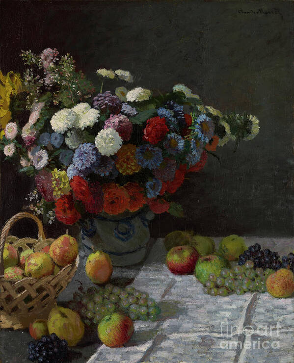 Famous Poster featuring the painting Still Life with Flowers and Fruit by Claude Monet by Esoterica Art Agency