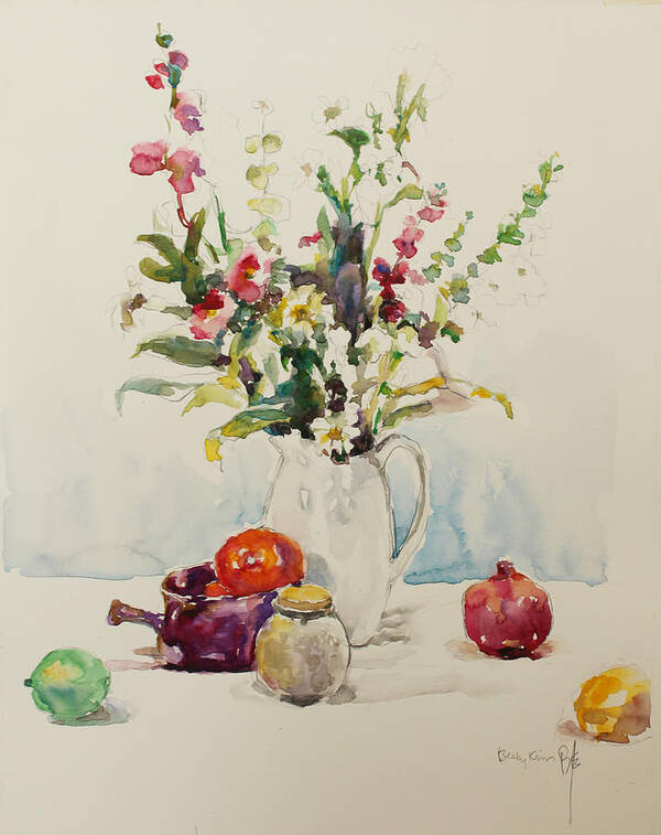 Watercolor Poster featuring the painting Still Life with Pomegranate by Becky Kim