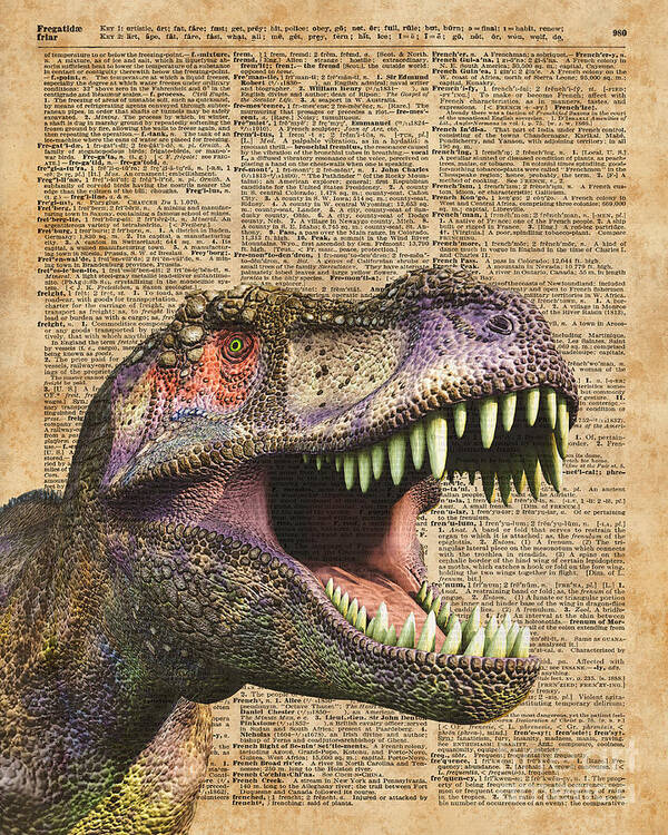 Tyrannosaurus Poster featuring the digital art T-Rex,Tyrannosaurus,Dinosaur Vintage Dictionary Art by Anna W