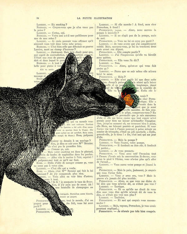 Tasmanian Tiger Poster featuring the digital art Tasmanian tiger and orange butterfly antique illustration on dictionary page by Madame Memento