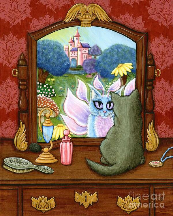 Winged Cat Poster featuring the painting The Chimera Vanity - Cat Fantasy World by Carrie Hawks