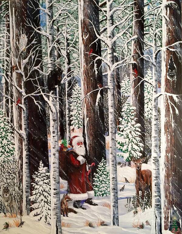 Forest| Winter| Santa Claus| Christmas| Winter Storm| Deer| Bear| Wolf| Fox| Jennifer Lake Art| Quail| Snow| Ski| Children Whimsical| Poster featuring the painting The Christmas Forest Visitor by Jennifer Lake