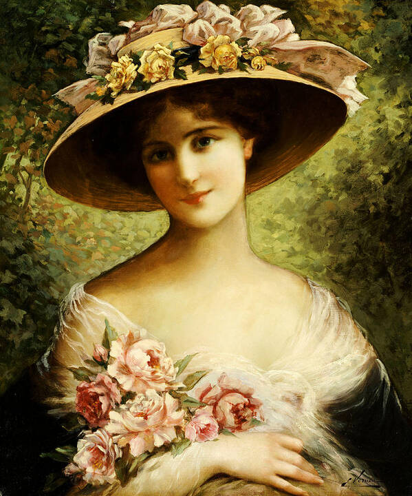 The Fancy Bonnet (oil On Canvas) By Emile Vernon (1872-1919) Rose Poster featuring the painting The Fancy Bonnet by Emile Vernon