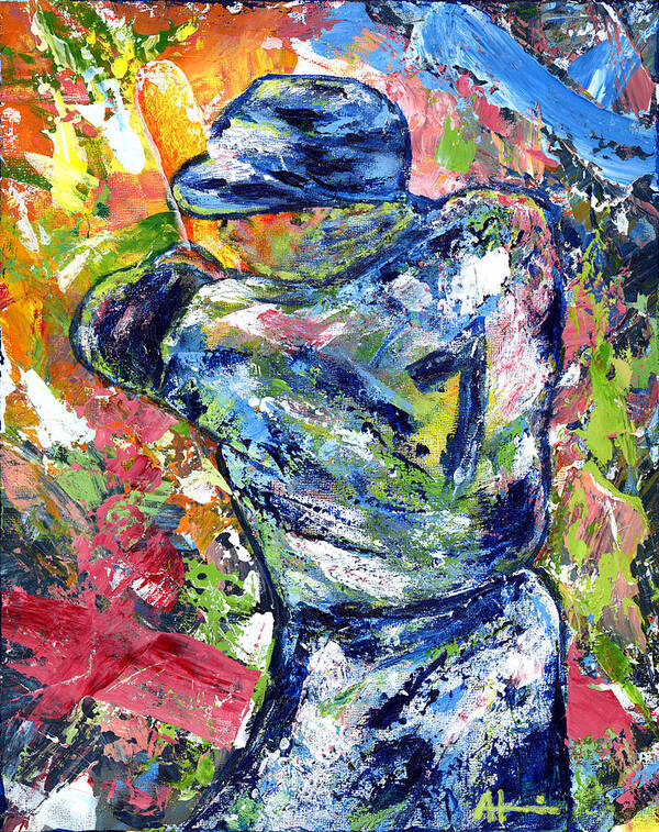 Oil Painting Art Artwork Acrylic Impressionist Impressionism Palette Knife Texture Giclee Print Reproduction Colorful Bright Athlete Athletic Sports Figures Human Mickey Mantle Left Handed New York Yankees Mick Baseball Switch Hitter Mlb Major League Professional Champion Throwing Catch Outfield Shortstop First Second Third Single Double Triple Base Grand Slam No Hitter Play Of The Day Highlight Uniform Stadium Commitment Consecutive Record Hits Home Run Runs Batted In Rbi Color Colour Colourful Poster featuring the painting The Mick Mickey Mantle by Ash Hussein