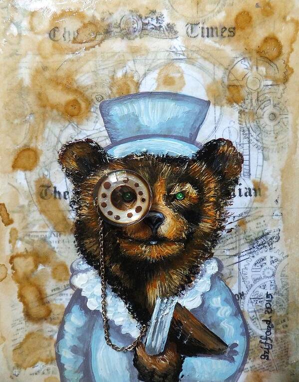 Brown Bear In Blue Suit Jacket Coat Book The Times Newspaper Jewel Monocle Chain Goggles Cogs Gears Steampunk Victorian Era Clocks Watches Halo Key Time Coffee Stains Aged Page Hand Writing Antique Vintage Original Painting Abstract Art Whimsical Funny Cute Adorable Smiling Smile Happy Friendly Sweet Heart Coin England Great Britain Studs Top Hat Olie Cannoli Griffard Anna Original Painting Abstract Art Paintings Keys Heart Poster featuring the painting The times bear by Anna Griffard