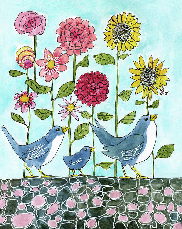 Birds Poster featuring the painting Flowers Three Little Birds by Blenda Studio