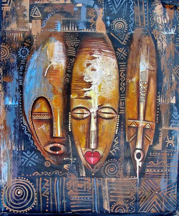 True African Art Poster featuring the painting Three Masks by Appiah Ntiaw