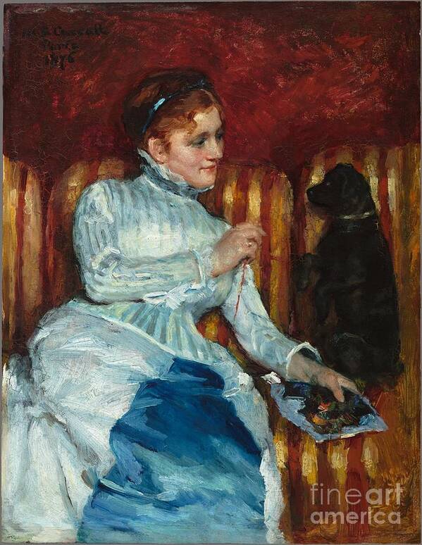 Mary Cassatt Poster featuring the painting Title Woman on a Striped Sofa with a Dog by MotionAge Designs