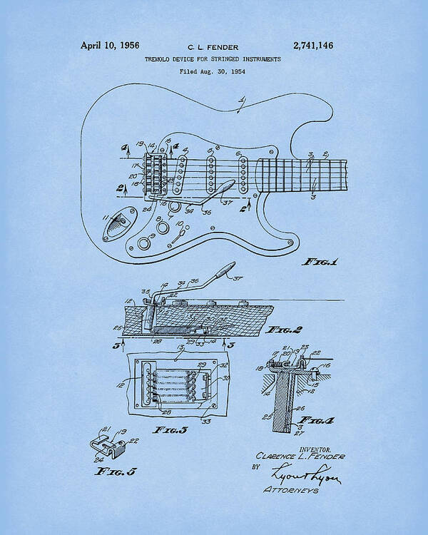 Fender Poster featuring the drawing Tremolo Device 1956 Patent Art LightBlue by Prior Art Design