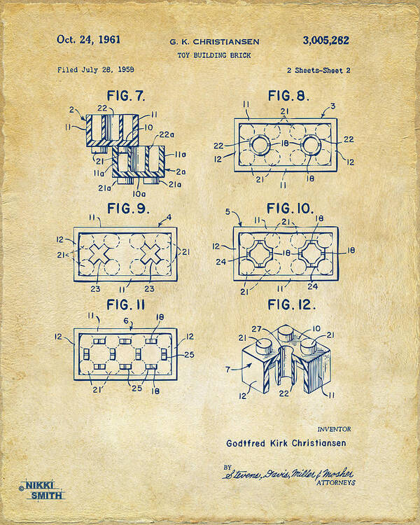 Toy Poster featuring the digital art Vintage 1961 LEGO Brick Patent Art by Nikki Marie Smith