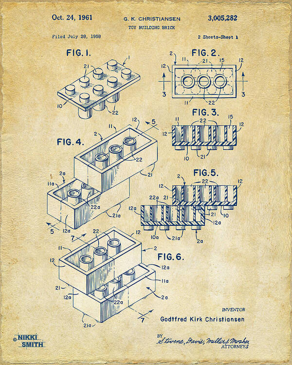 Toy Poster featuring the drawing Vintage 1961 Toy Building Brick Patent Art by Nikki Marie Smith