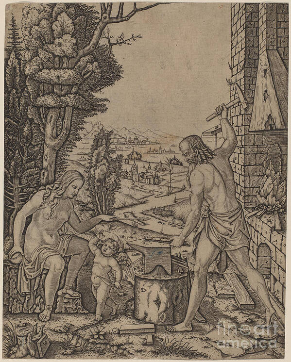  Poster featuring the drawing Vulcan, Venus, And Eros by Marcantonio Raimondi