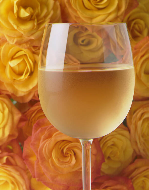 White Wine Wines Poster featuring the photograph White wine and yellow roses by Garry Gay