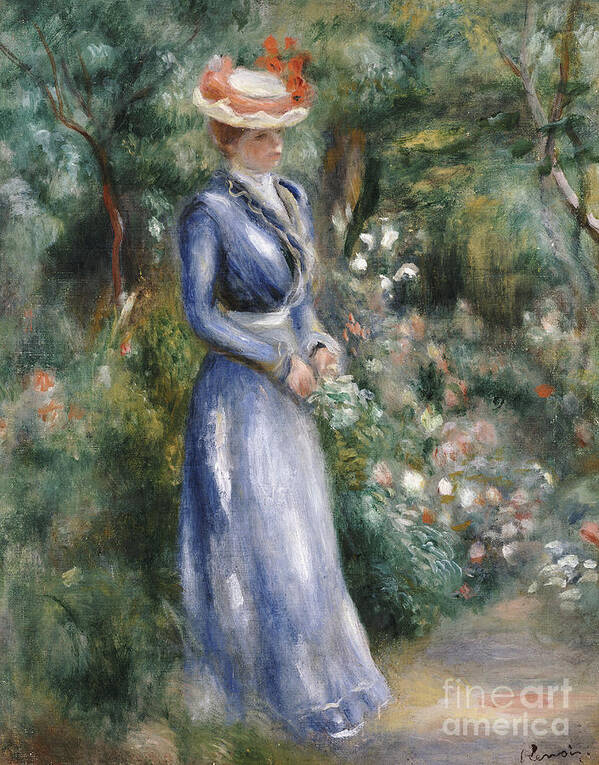 Impressionist; Impressionism; Portrait; Female; Full Length; Woman Poster featuring the painting Woman in a Blue Dress Standing in the Garden at Saint-Cloud by Pierre Auguste Renoir