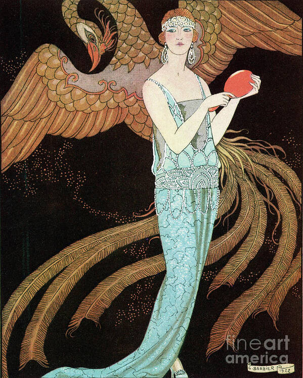Blue Poster featuring the drawing Woman wearing a blue dress with a Phoenix by Mary Evans Picture Library