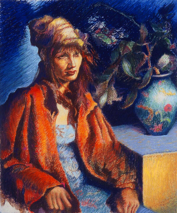 Woman Poster featuring the pastel Woman with a Chinese Vase by Ellen Dreibelbis