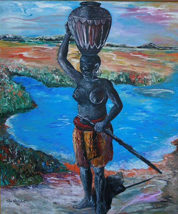Woman With Calabash Poster featuring the painting Woman with Calabash by Obi-Tabot Tabe
