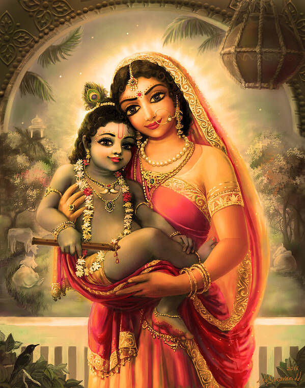 Krishna Poster featuring the mixed media Yashoda and Krishna 4 by Lila Shravani