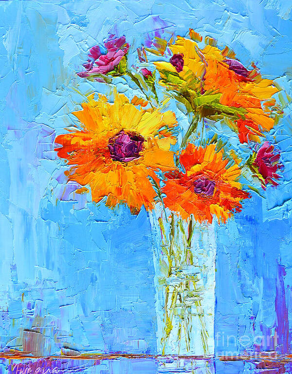 Yellow Daisies Flowers - Peonies In A Vase - Modern Impressionist Knife Palette Oil Painting Flower Arrangement Poster featuring the painting Yellow Daisies Flowers - Peonies in a Vase - Modern Impressionist Knife Palette Oil Painting by Patricia Awapara