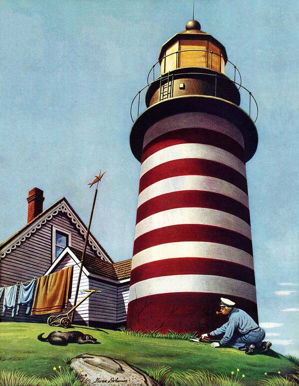 Clotheslines Poster featuring the drawing Lighthouse Keeper #1 by Stevan Dohanos
