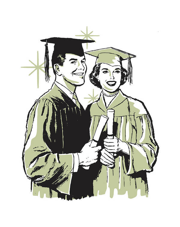 Accessories Poster featuring the drawing Male and Female Graduates with Diplomas #1 by CSA Images