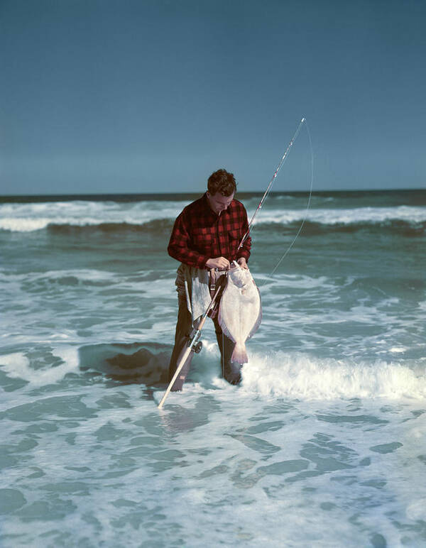 1940s 1950s Man Fishing Wearing Red Poster