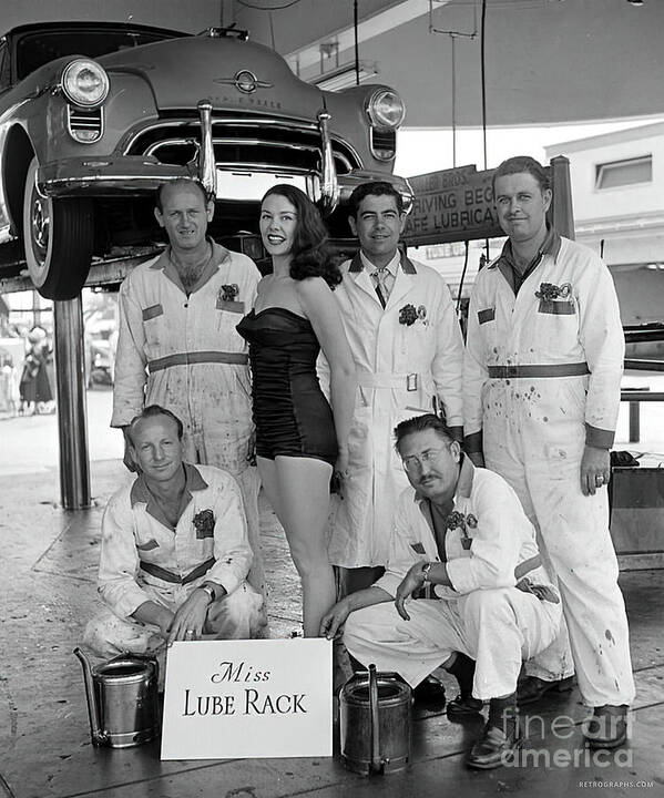 Vintage Poster featuring the photograph 1960s Miss Lube Rack With Fashion Model And Crew by Retrographs