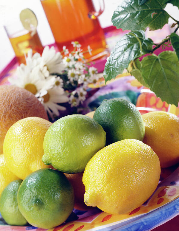 Close-up Poster featuring the photograph A Summer Table Setting With Lemons And by Steve Wisbauer