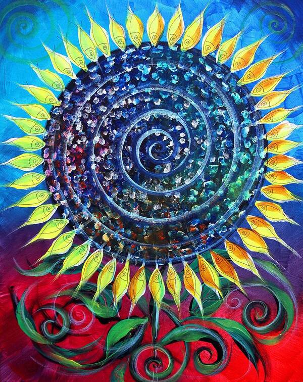 #fish #art #fishart #sunflower #blue #red #sun #flower #spiral #artfish #inspiration #scarpace #ipaintfish Poster featuring the painting Abstract FishFlower, 4 by J Vincent Scarpace