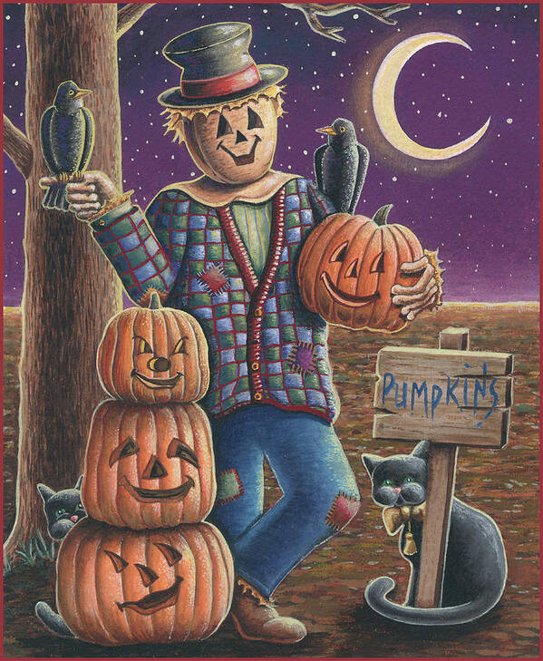 A Scarecrow With Carved Pumpkins Poster featuring the digital art Apple Scarecrow by Michele Meissner