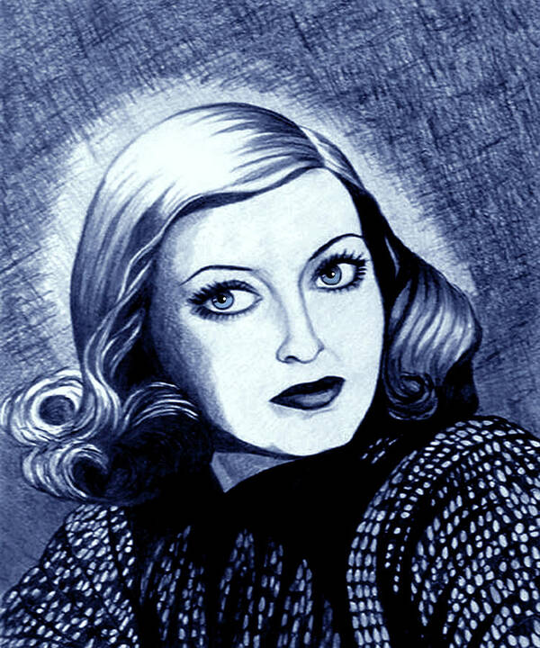 Bette Davis Poster featuring the drawing Bette Davis in Blue by Tara Hutton