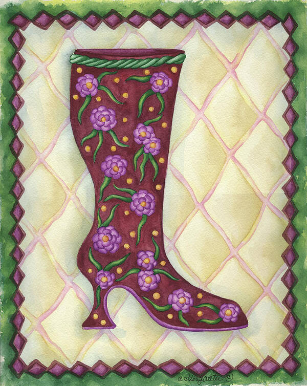 Boots Magenta With Roses With Leaves Poster featuring the painting Boots Magenta With Roses With Leaves by Andrea Strongwater