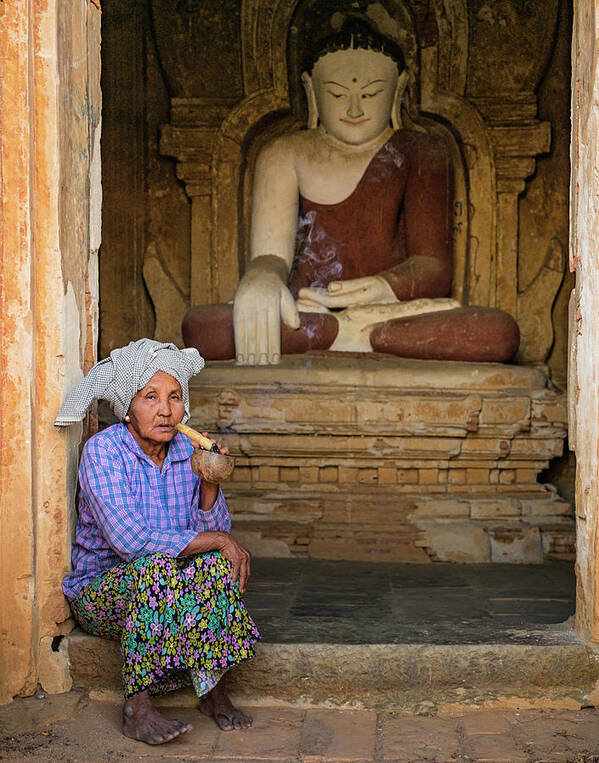 Woman Poster featuring the photograph Burmese woman relaxing at temple entrance by Ann Moore