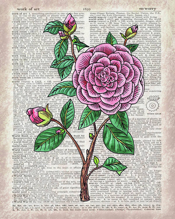 Dictionary Poster featuring the painting Camellia Dictionary Page Watercolor Art by Irina Sztukowski