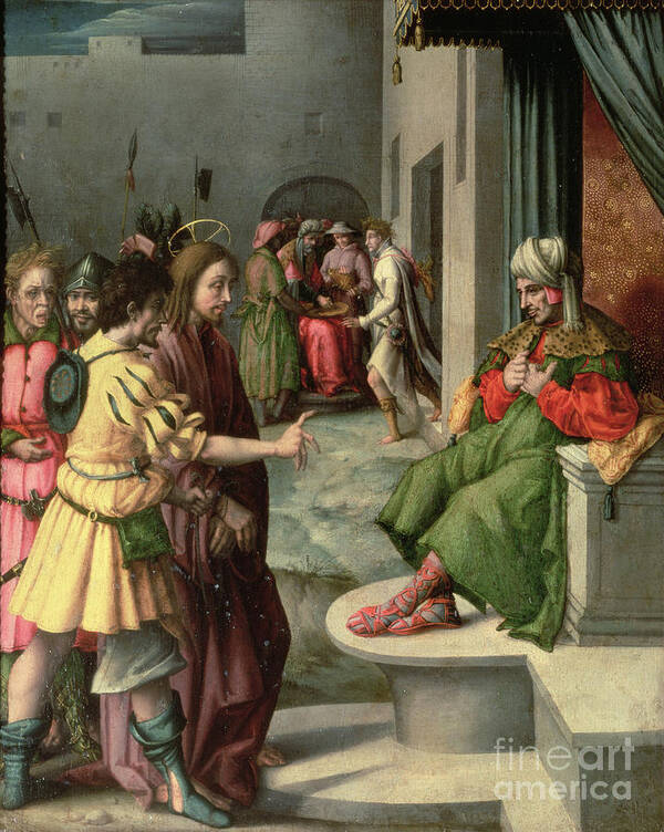 New Testament Poster featuring the painting Christ Before Caiaphas by Francesco Ubertini Bacchiacca
