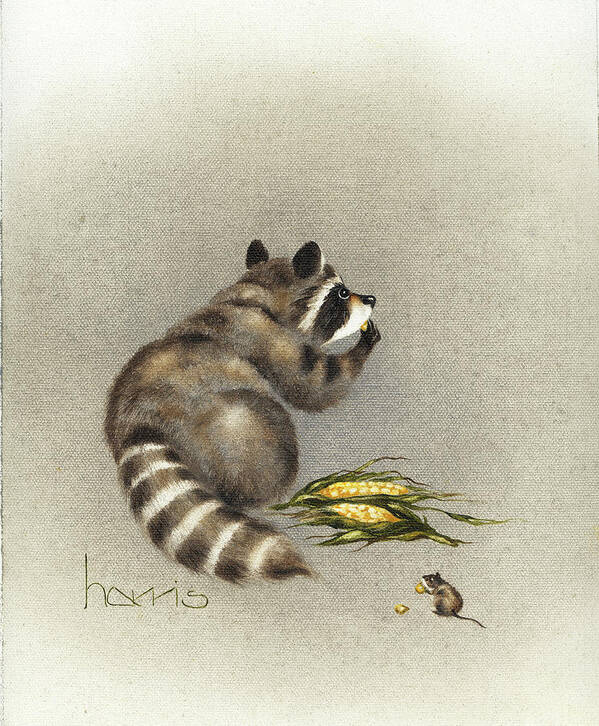 A Raccoon And A Field Mouse Eating Corn From A Cob Poster featuring the painting Cobs And Robbers by Peggy Harris