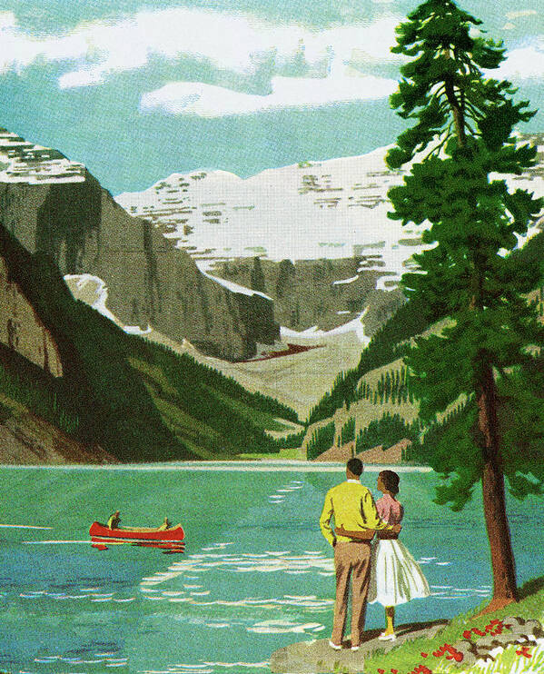 Campy Poster featuring the drawing Couple Looking Out Onto a Mountain Lake by CSA Images