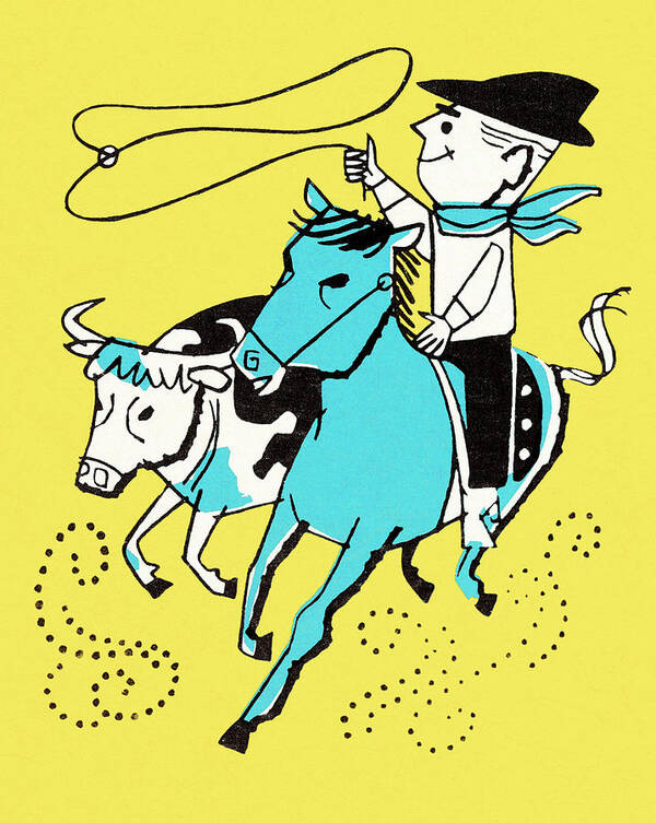 Accessories Poster featuring the drawing Cowboy Roping a Steer by CSA Images