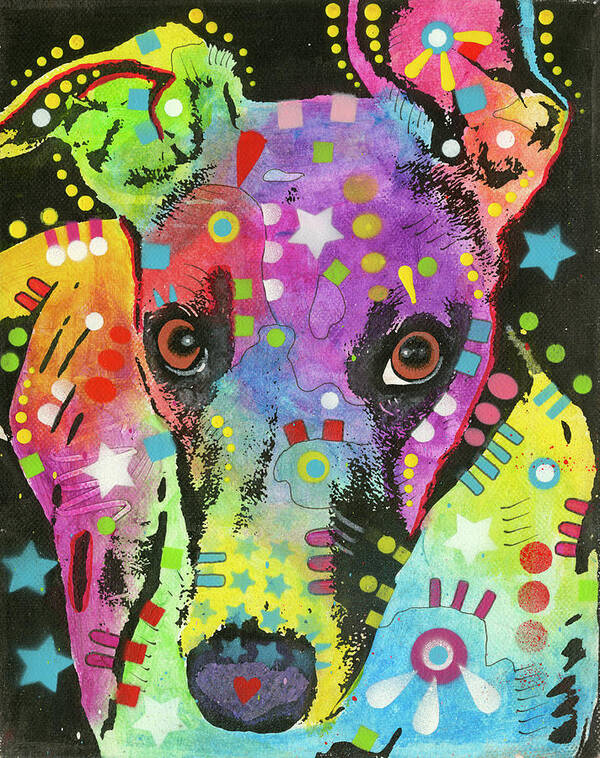 Curious Greyhound Poster featuring the mixed media Curious Greyhound by Dean Russo- Exclusive