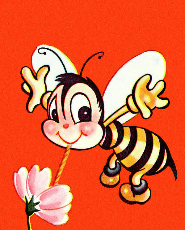 Animal Poster featuring the drawing Cute Bee Drinking from a Flower by CSA Images