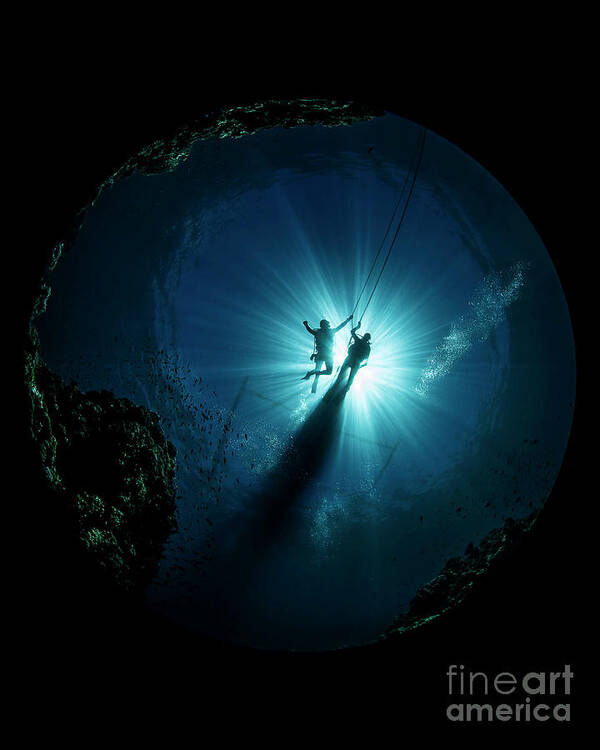 Underwater Poster featuring the photograph Divers Silhouettes In Current by Beth Watson