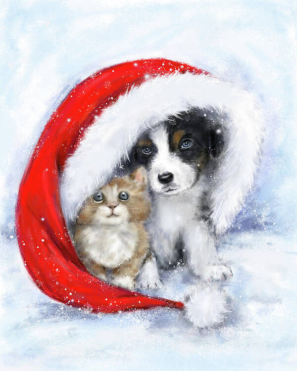 Dog And Cat Under Santa's Hat Poster featuring the mixed media Dog And Cat Under Santa's Hat by Makiko
