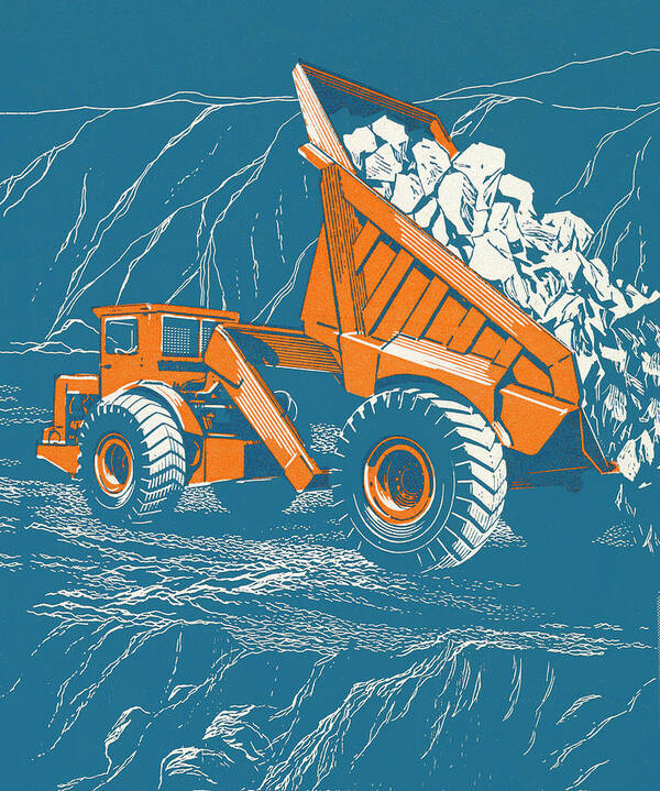 Blue Poster featuring the drawing Dump Truck Dumping Rocks by CSA Images