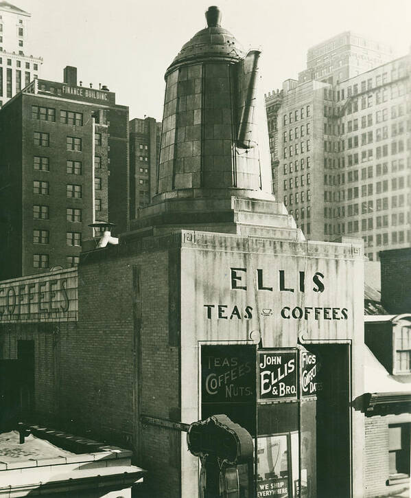 Ellis Teas;and Coffees Poster featuring the mixed media Ellis Tea and Coffee Store, 1945 by Jacob Stelman