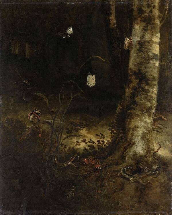 Canvas Poster featuring the painting Forest Floor with a Snake, Lizards, Butterflies and other Insects. by Otto Marseus van Schrieck