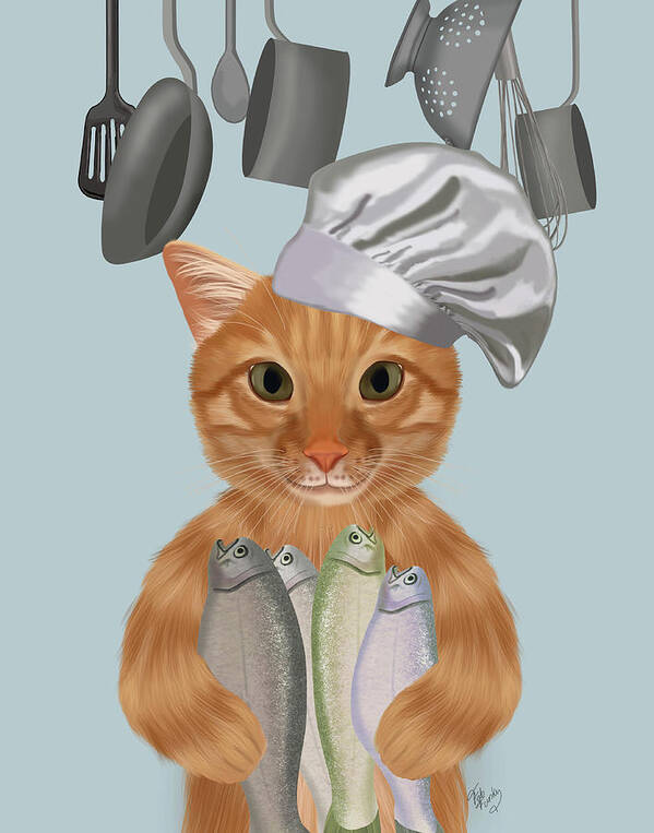 Cat Poster featuring the painting Ginger Cat Fish Chef, Portrait by Fab Funky