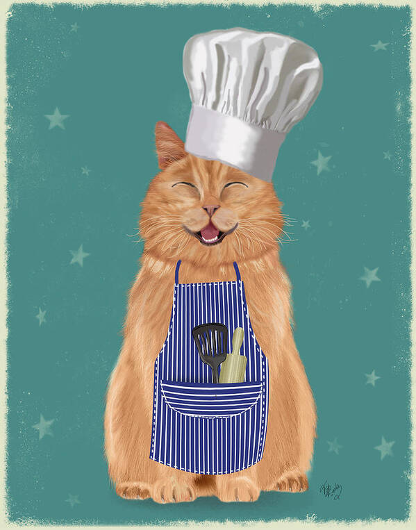 Cat Poster featuring the painting Ginger Cat Happy Chef by Fab Funky